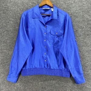 Carriage Court Shirt Women 16 Plus Blue Button Up Elastic Waist Collared Pockets